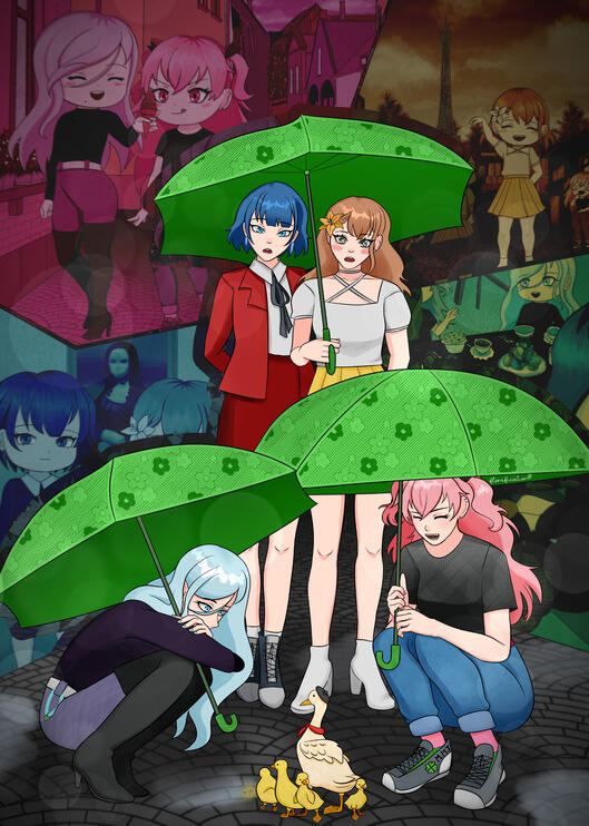 A picture depicting the four members of More More Jump! from Project Sekai in France. Made for Our Sekai's digital side zine.