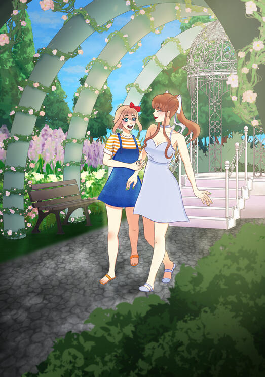 A picture depicting Sayori and Monika from Doki Doki Literature Club. Made for Cinnamon Coffee, a Sayonika zine.