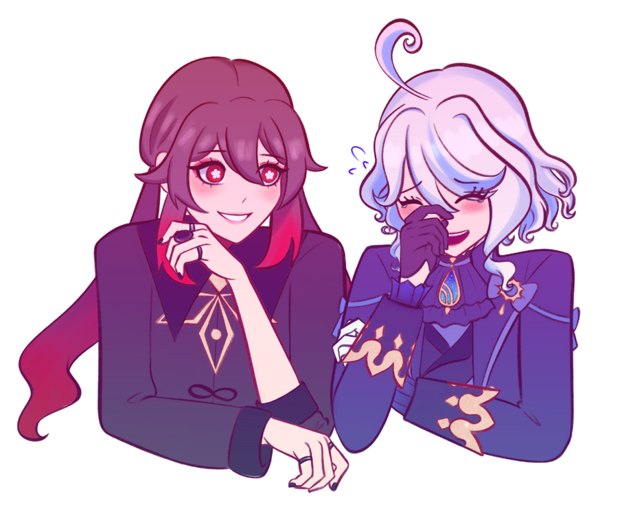 Half body drawing of Hu Tao and Furina from Genshin Impact