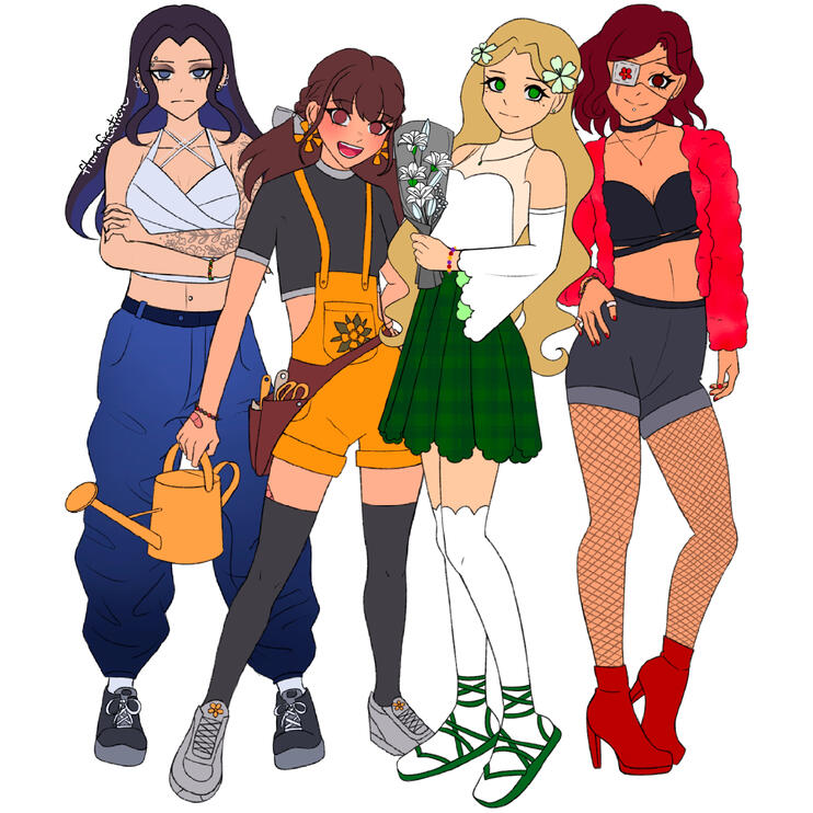Full body drawings of my 4 OCs from Thorned Tranquility: Yasmine, Apricus, Ilyana, and Nefeli