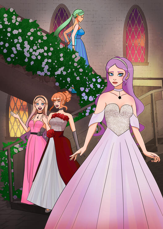 A drawing depicting two of Flora's FE3H OCs and two of @/norangery's FE3H OCs at a school dance, walking down a flight of stairs. Made for the Inside the Halls FE3H OC zine.
