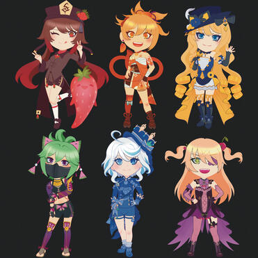Fruit-themed chibi designs for Hu Tao, Yoimiya, Navia, Kuki Shinobu, Furina, and Fischl from Genshin Impact