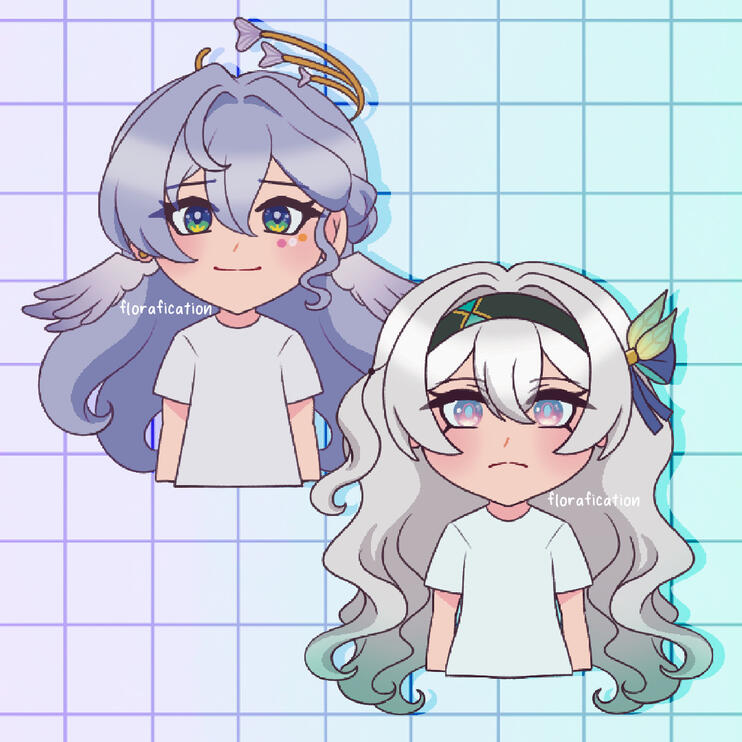 Chibi half body drawings of Firefly and Robin from Honkai Star Rail