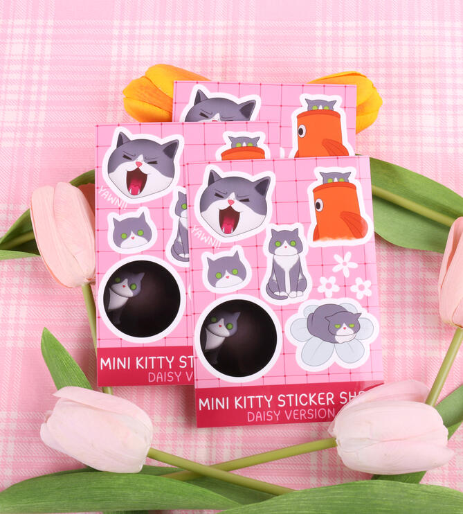 Pastel pink sticker sheet of my cat Daisy in various poses