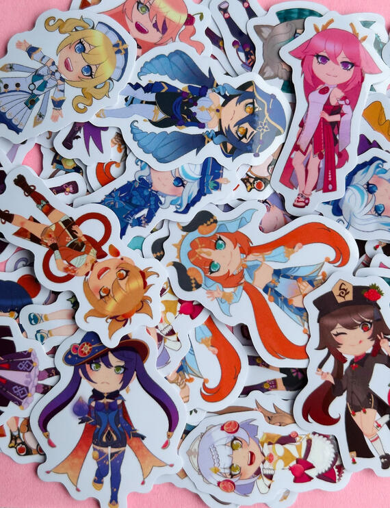 Assorted stickers of Genshin Impact girls, all with miniature fruits in their designs