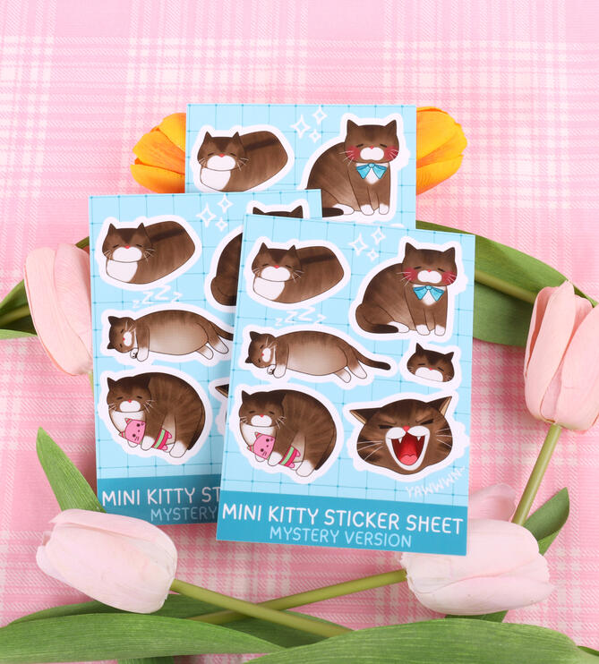 Pastel blue sticker sheet of my cat Mystery in various poses